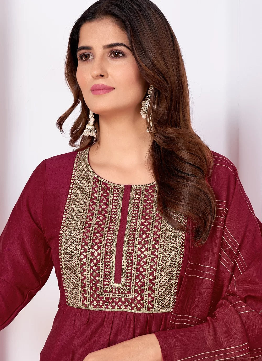 Opulent maroon vertical silk readymade suit with heavy sequin embroidery banarasi dupatta
