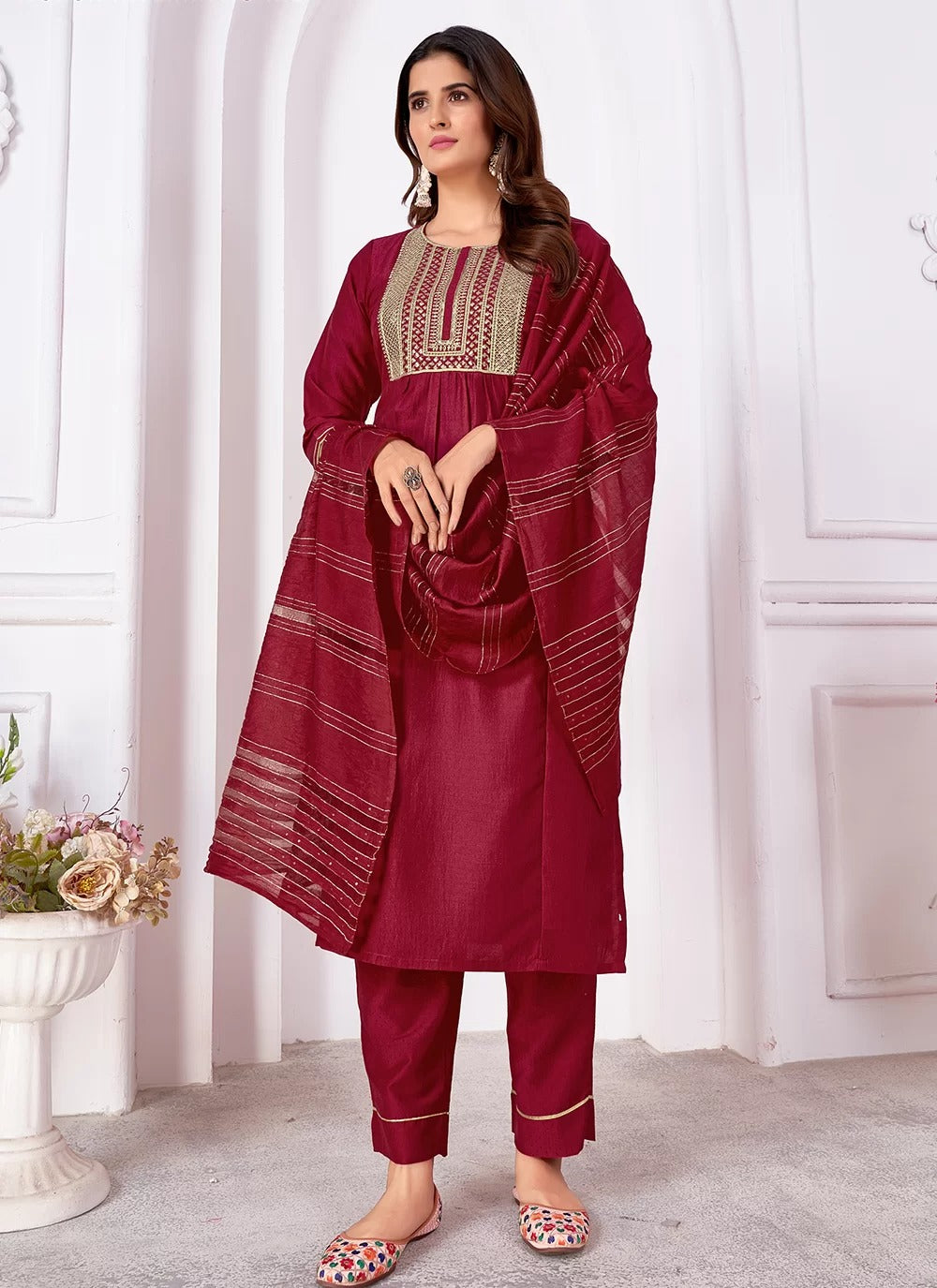 Opulent maroon vertical silk readymade suit with heavy sequin embroidery banarasi dupatta