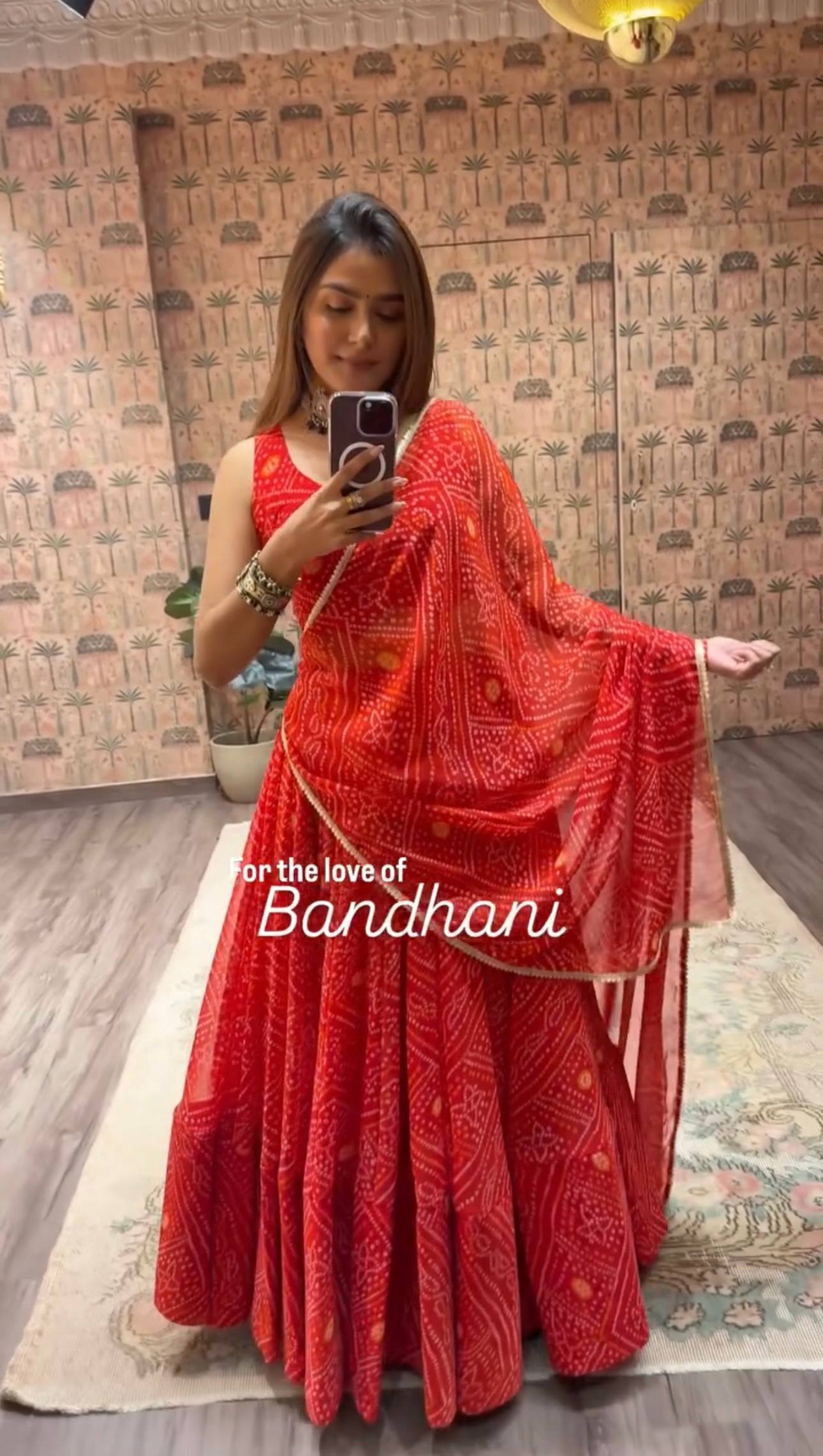 Orange Bandhani Print Faux Georgette Lehenga Choli Set with Dupatta –Navratri Special Festive Wear