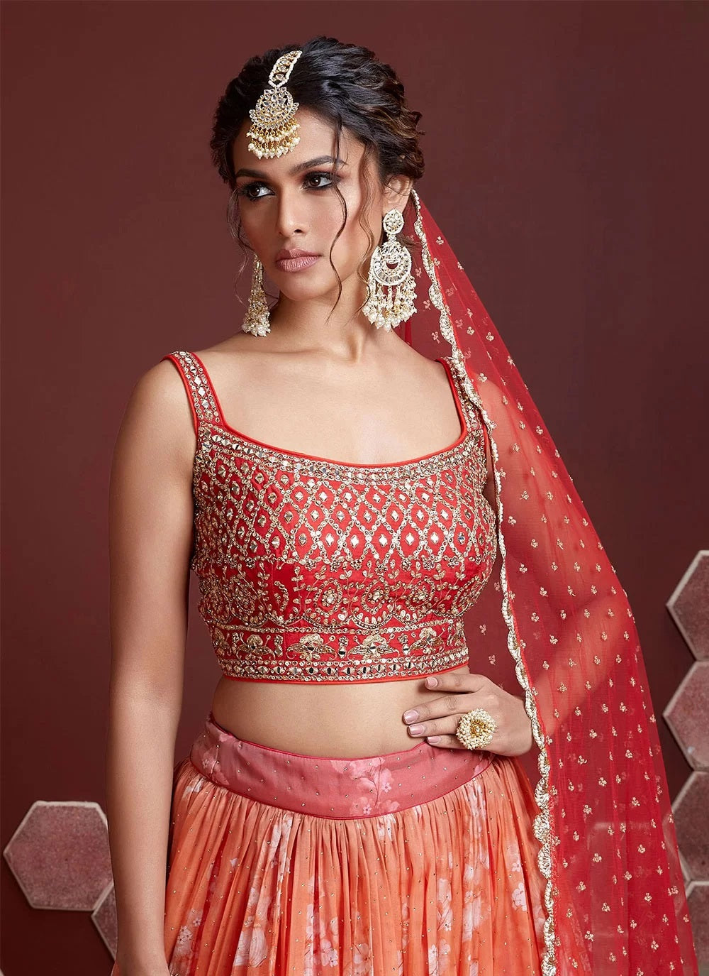 Orange beads and stones silk lehenga choli set with dupatta