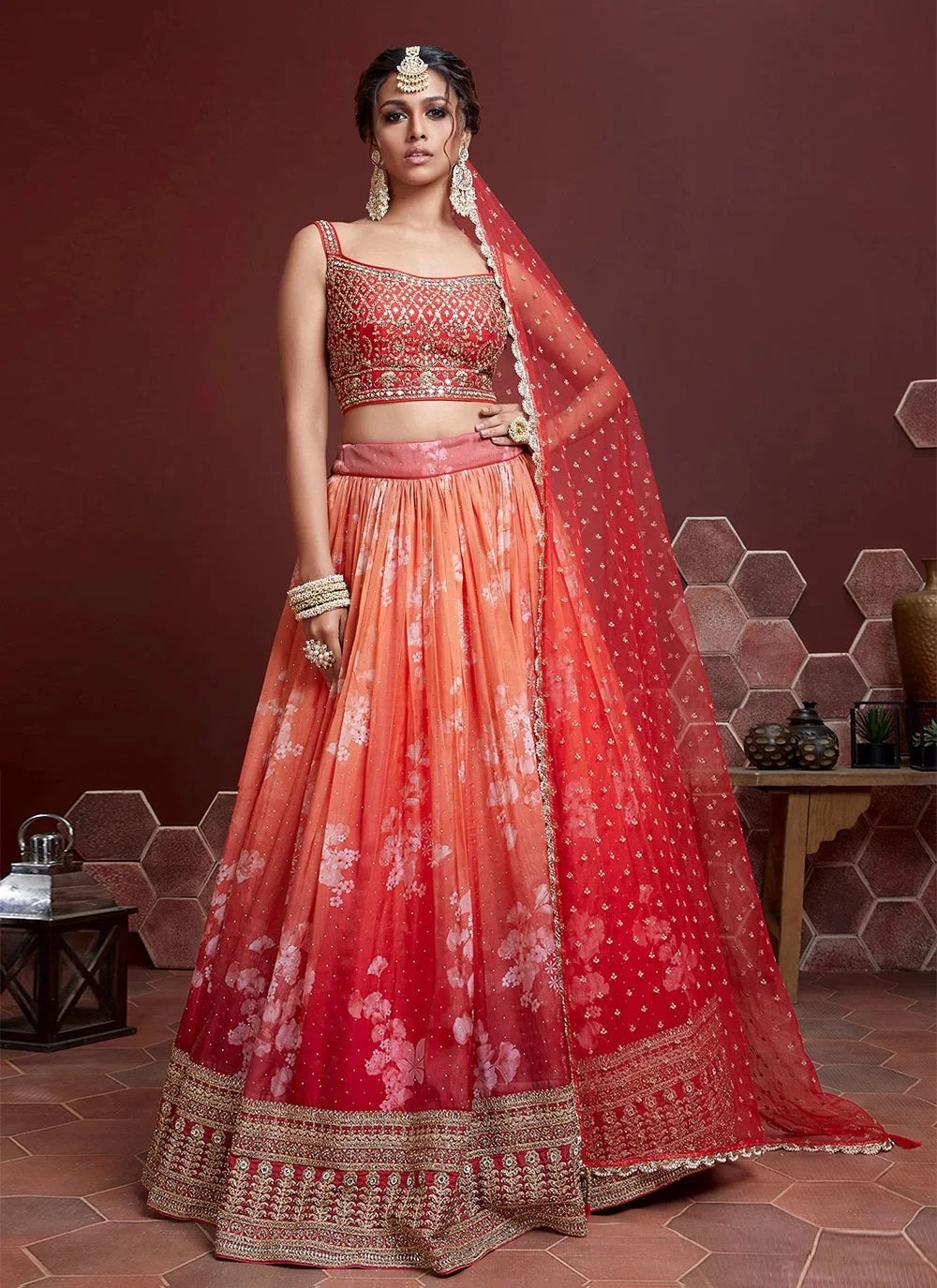Orange beads and stones silk lehenga choli set with dupatta