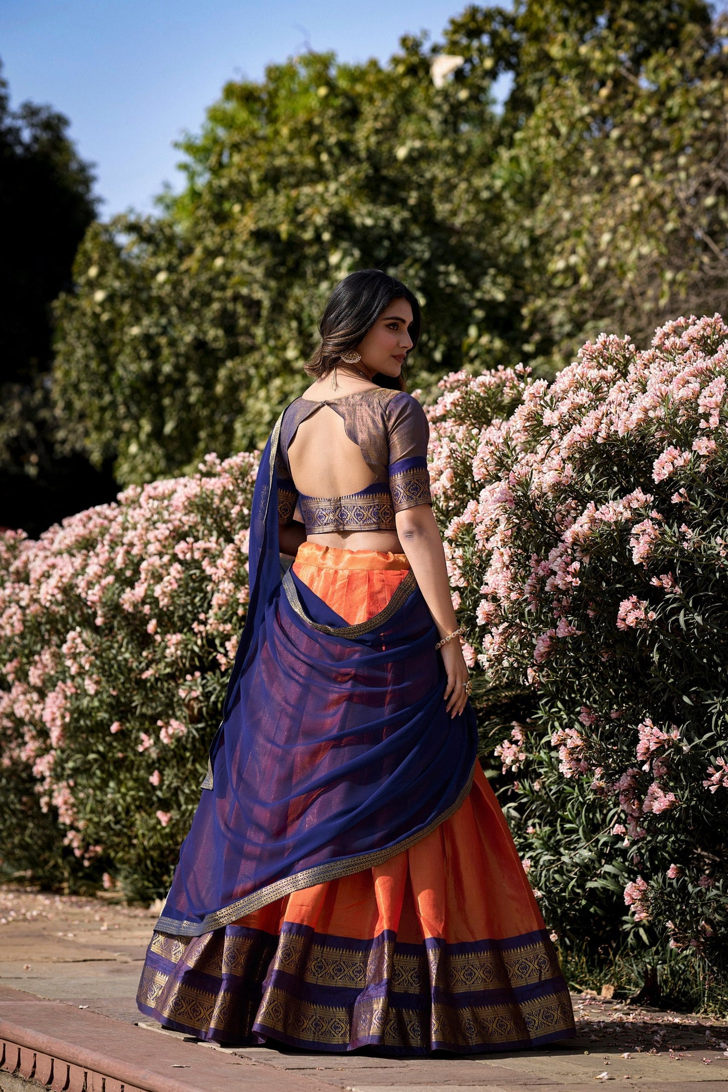 Orange Breathtaking South-Indian Kanchipuram Silk Lehenga Choli Set with Zari Weaving