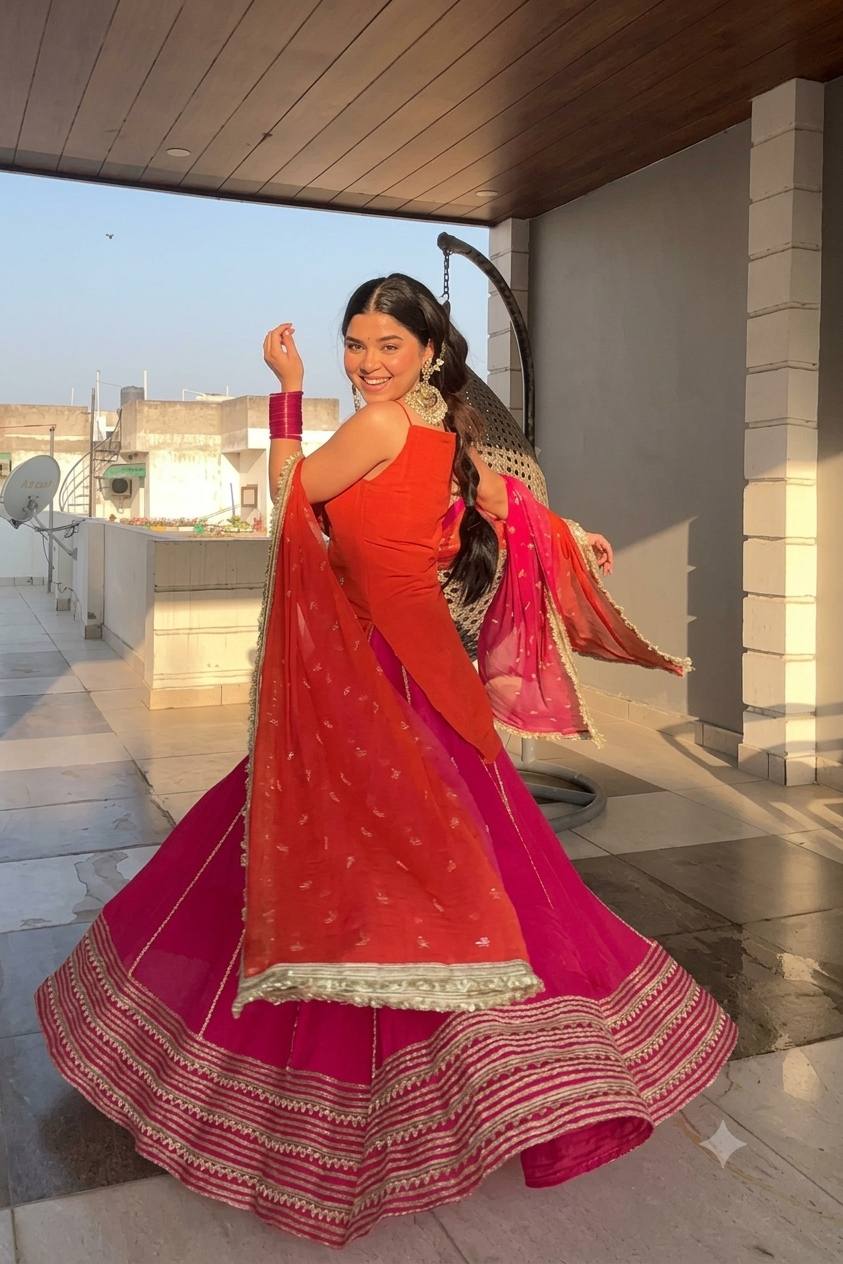 Orange Chinon Embroidered Top Lehenga Set