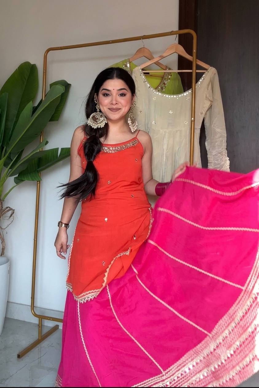 Orange Chinon Embroidered Top Lehenga Set