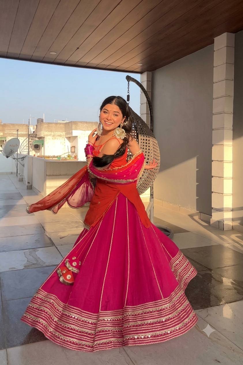 Orange Chinon Embroidered Top Lehenga Set