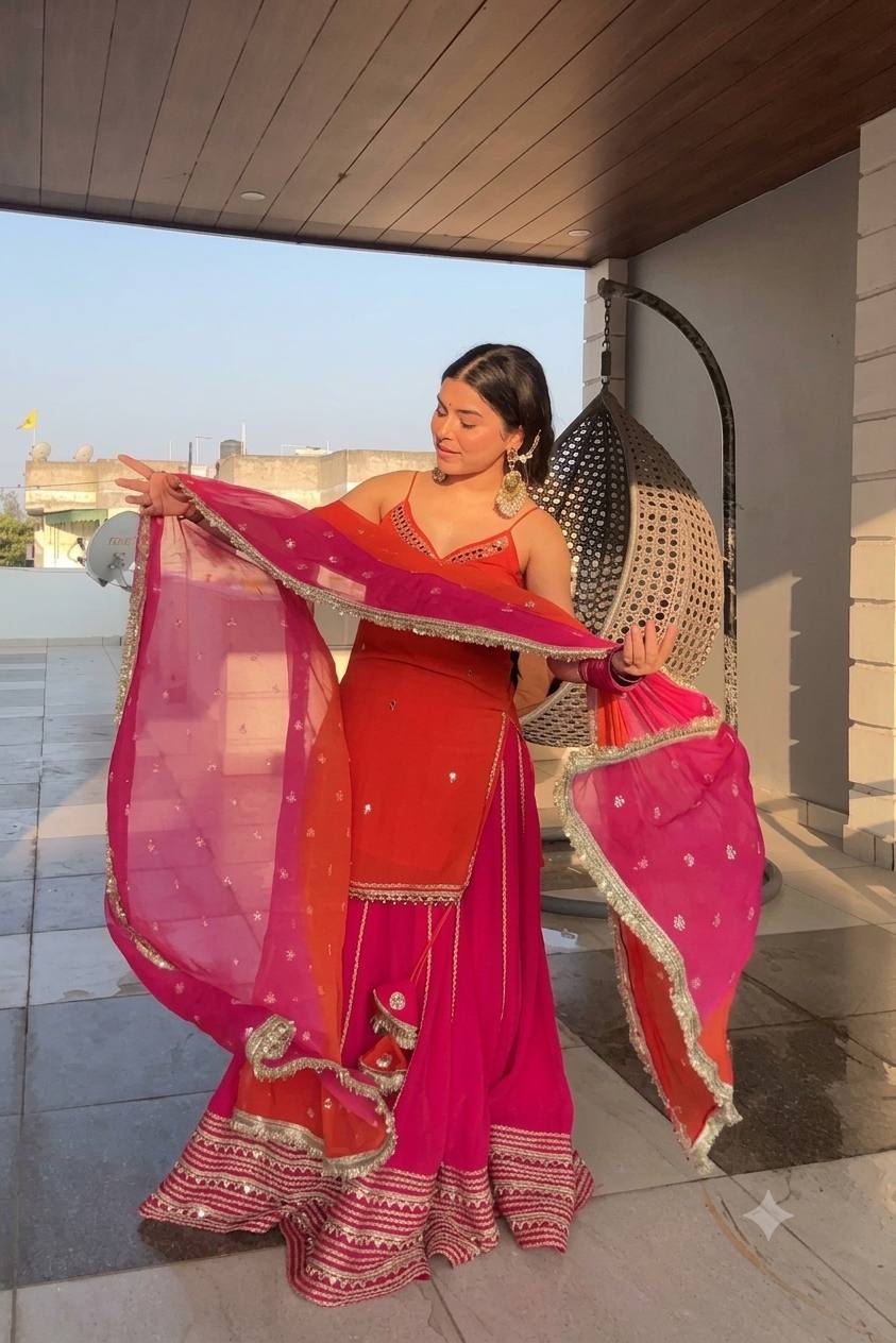 Orange Chinon Embroidered Top Lehenga Set