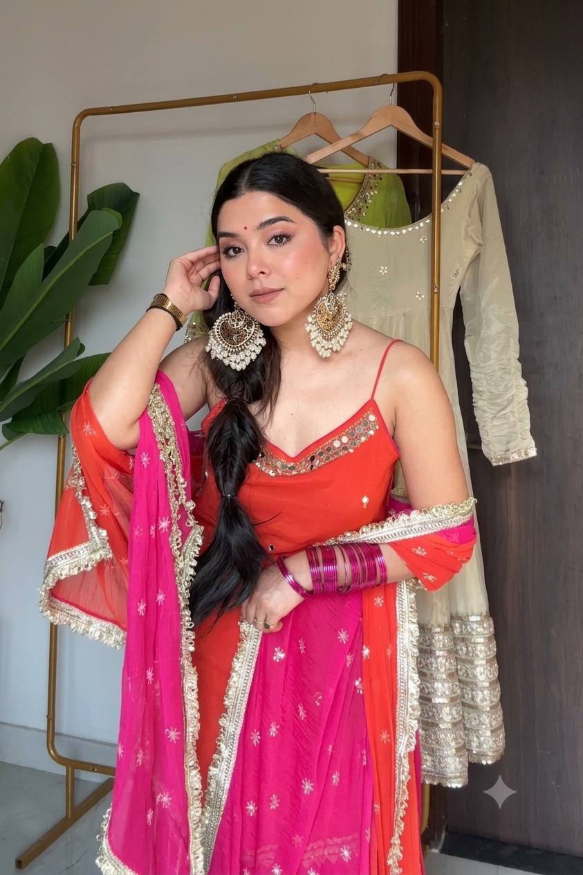 Orange Chinon Embroidered Top Lehenga Set