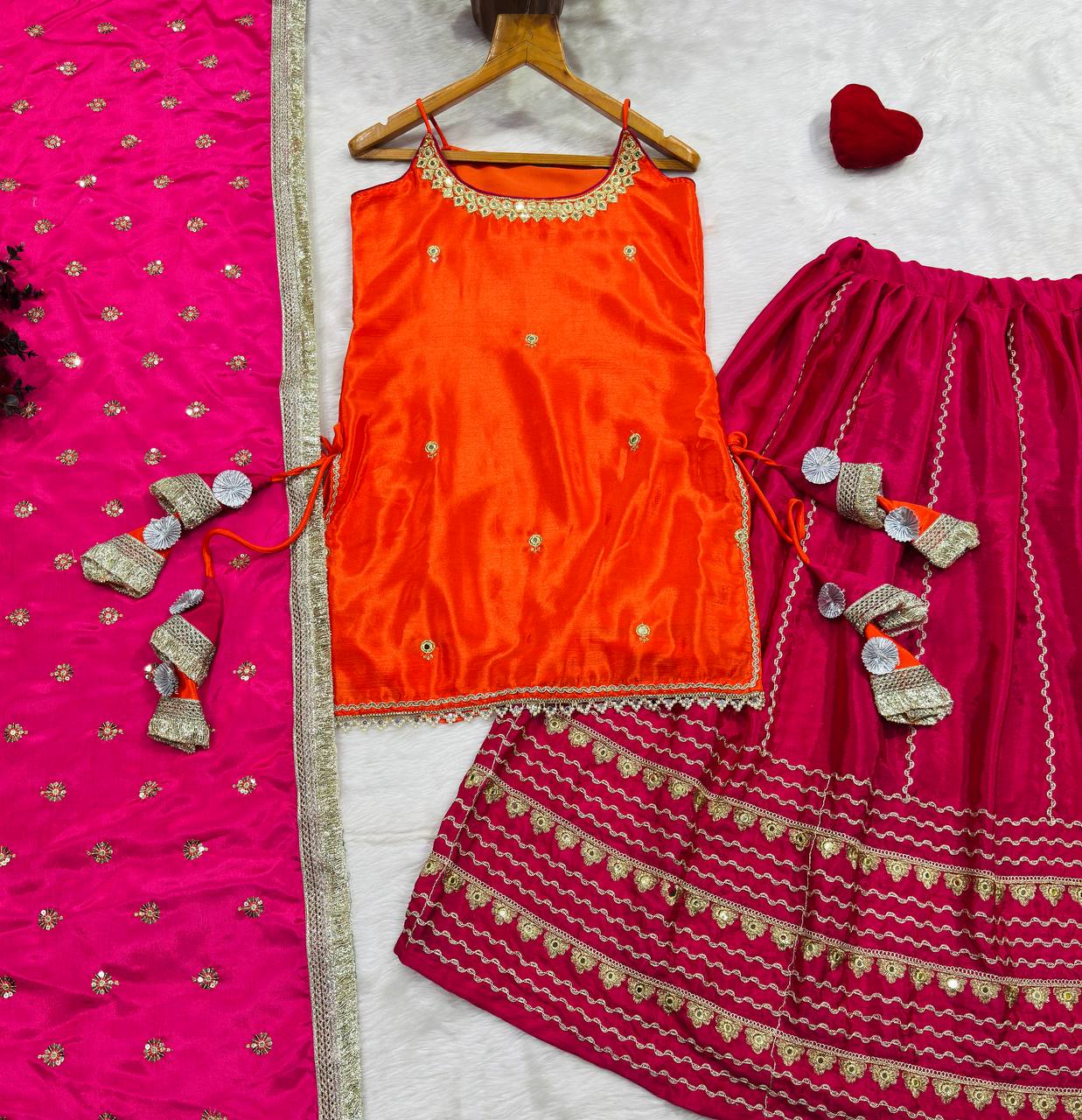 Orange Chinon Embroidered Top Lehenga Set