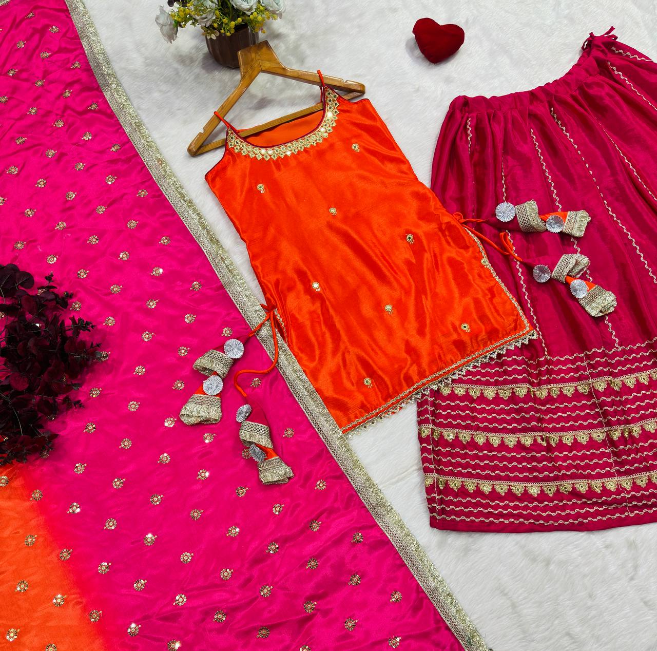 Orange Chinon Embroidered Top Lehenga Set