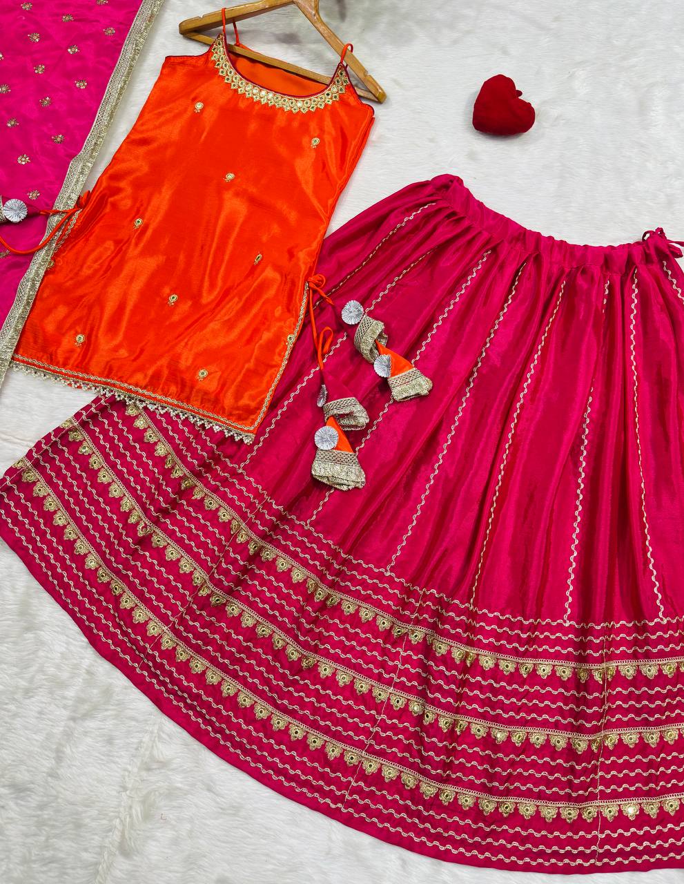 Orange Chinon Embroidered Top Lehenga Set