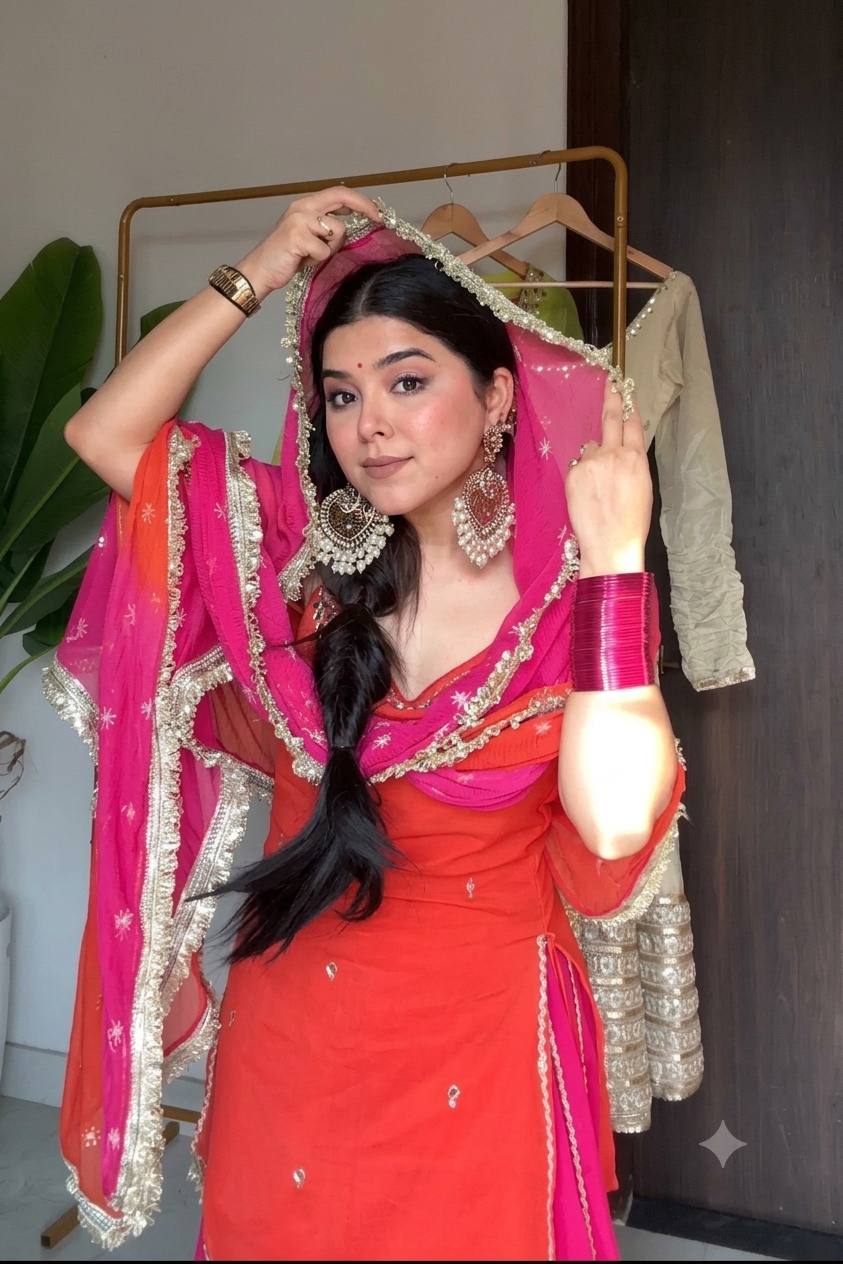Orange Chinon Embroidered Top Lehenga Set