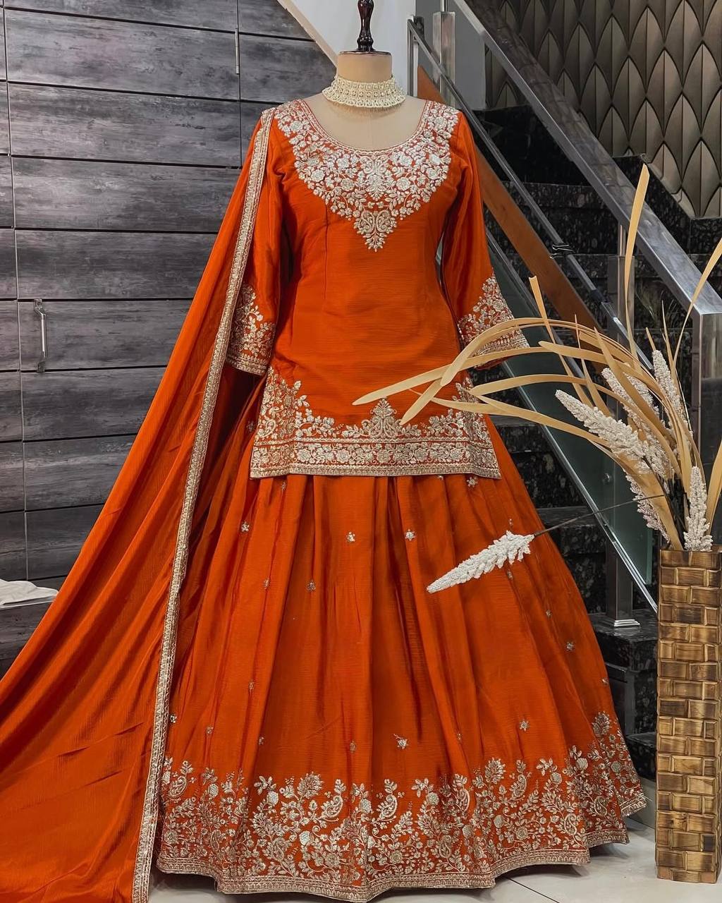 Orange Chinon Silk Lehenga Set with Sequin Work & Lace Border Dupatta  Full-Stitched Traditional Wear