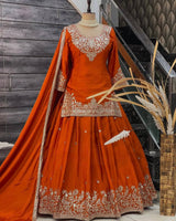 Orange Chinon Silk Lehenga Set with Sequin Work & Lace Border Dupatta  Full-Stitched Traditional Wear
