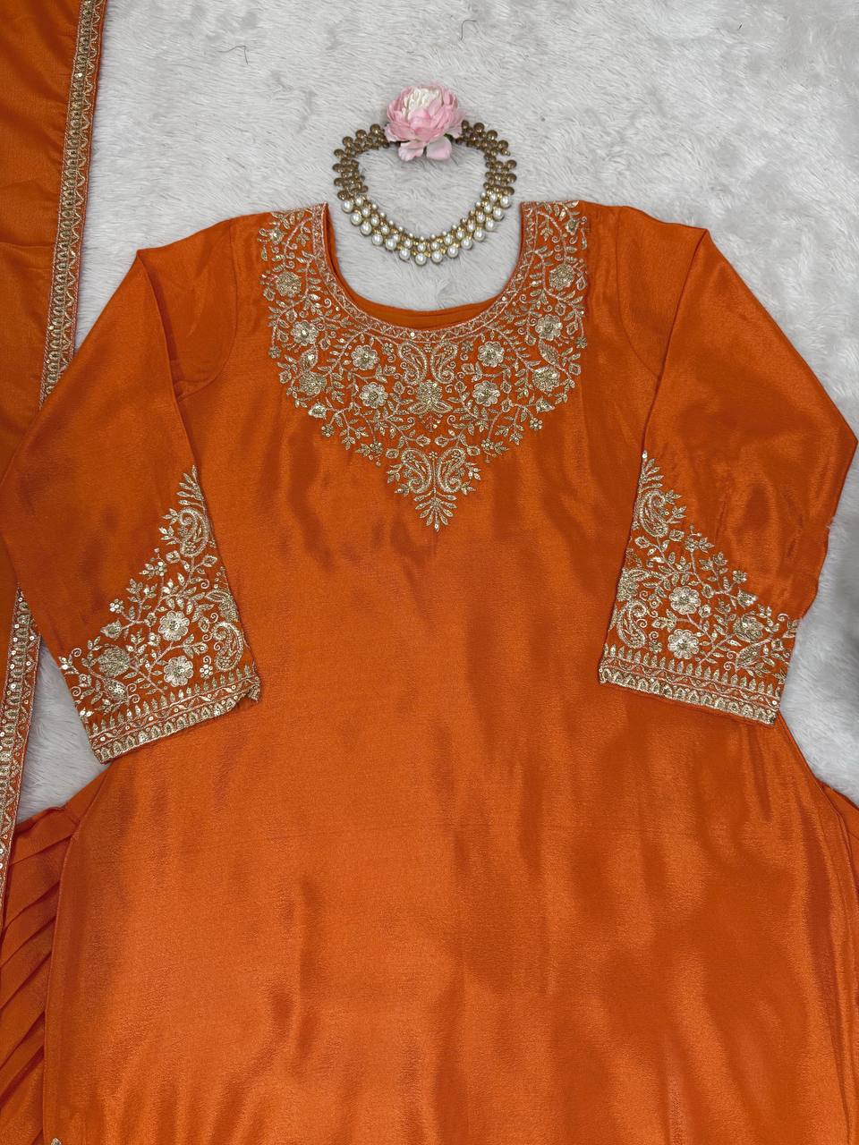 Orange Chinon Silk Lehenga Set with Sequin Work & Lace Border Dupatta  Full-Stitched Traditional Wear