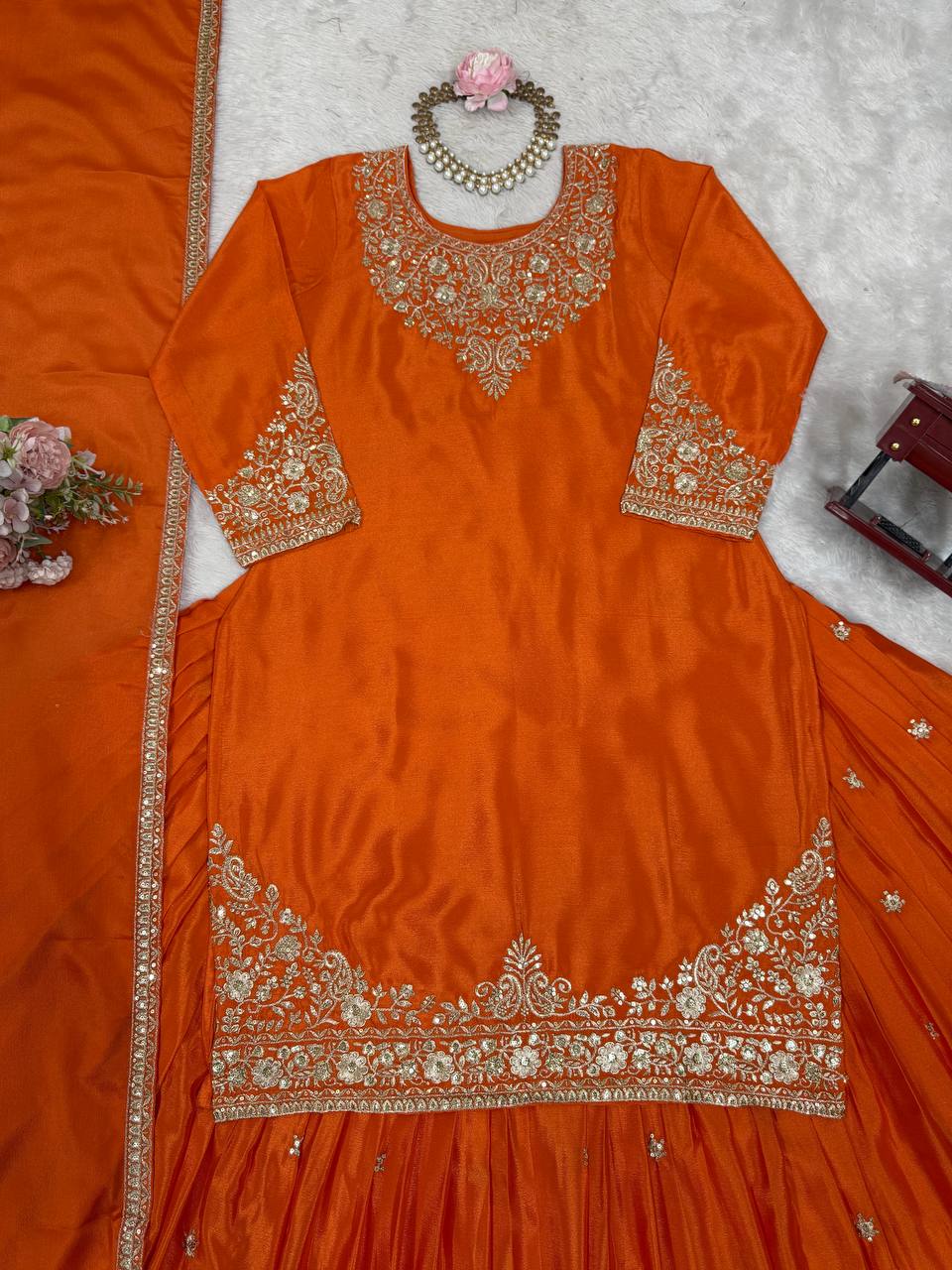 Orange Chinon Silk Lehenga Set with Sequin Work & Lace Border Dupatta  Full-Stitched Traditional Wear