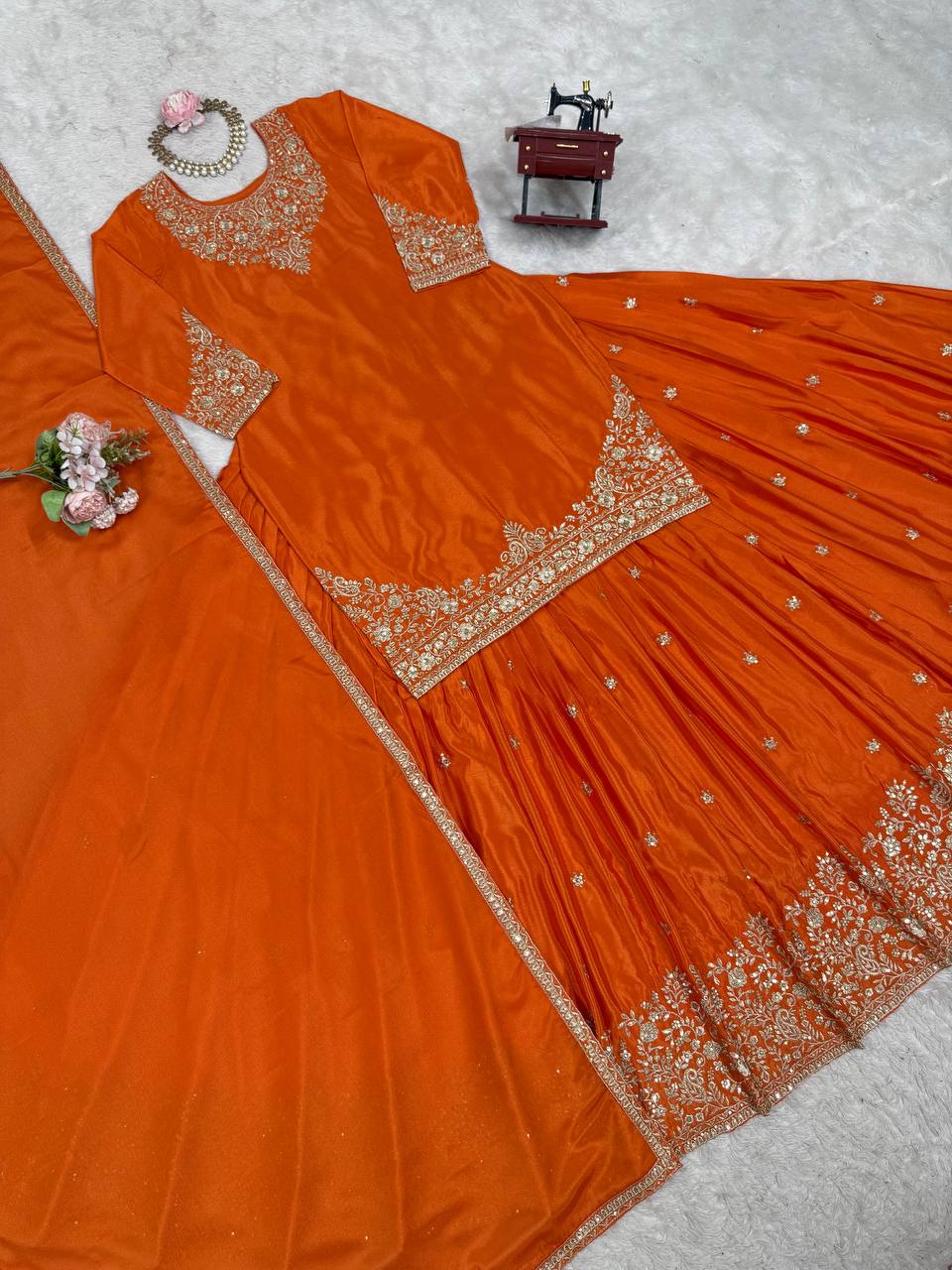 Orange Chinon Silk Lehenga Set with Sequin Work & Lace Border Dupatta  Full-Stitched Traditional Wear