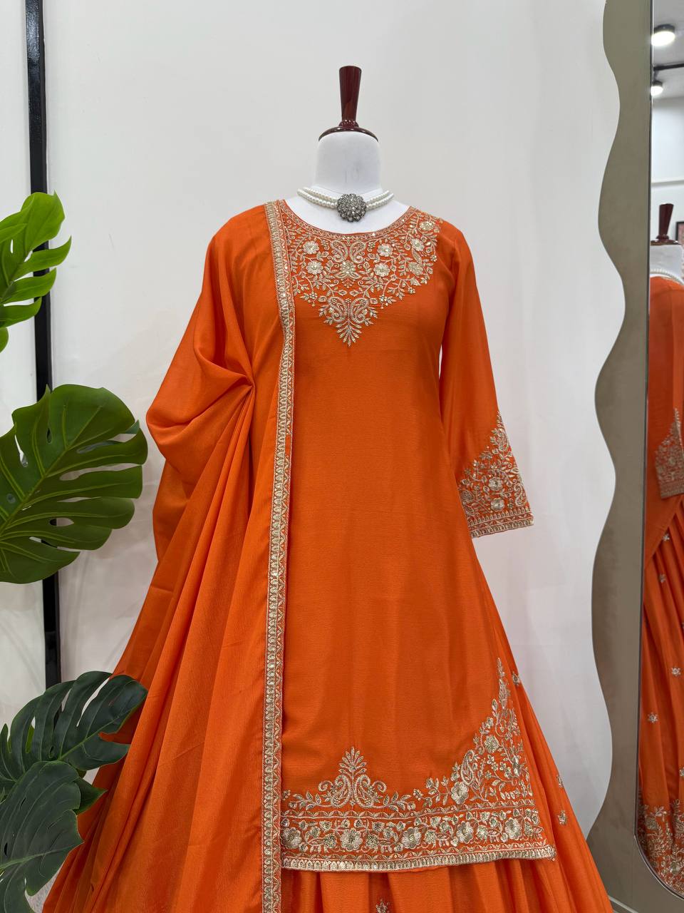 Orange Chinon Silk Lehenga Set with Sequin Work & Lace Border Dupatta  Full-Stitched Traditional Wear