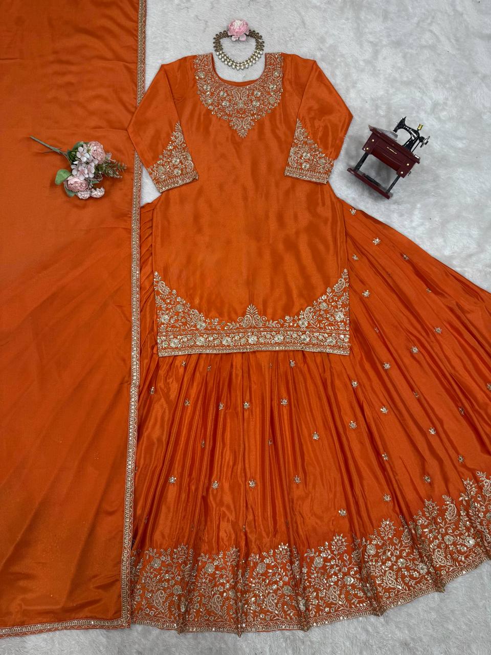 Orange Chinon Silk Lehenga Set with Sequin Work & Lace Border Dupatta  Full-Stitched Traditional Wear