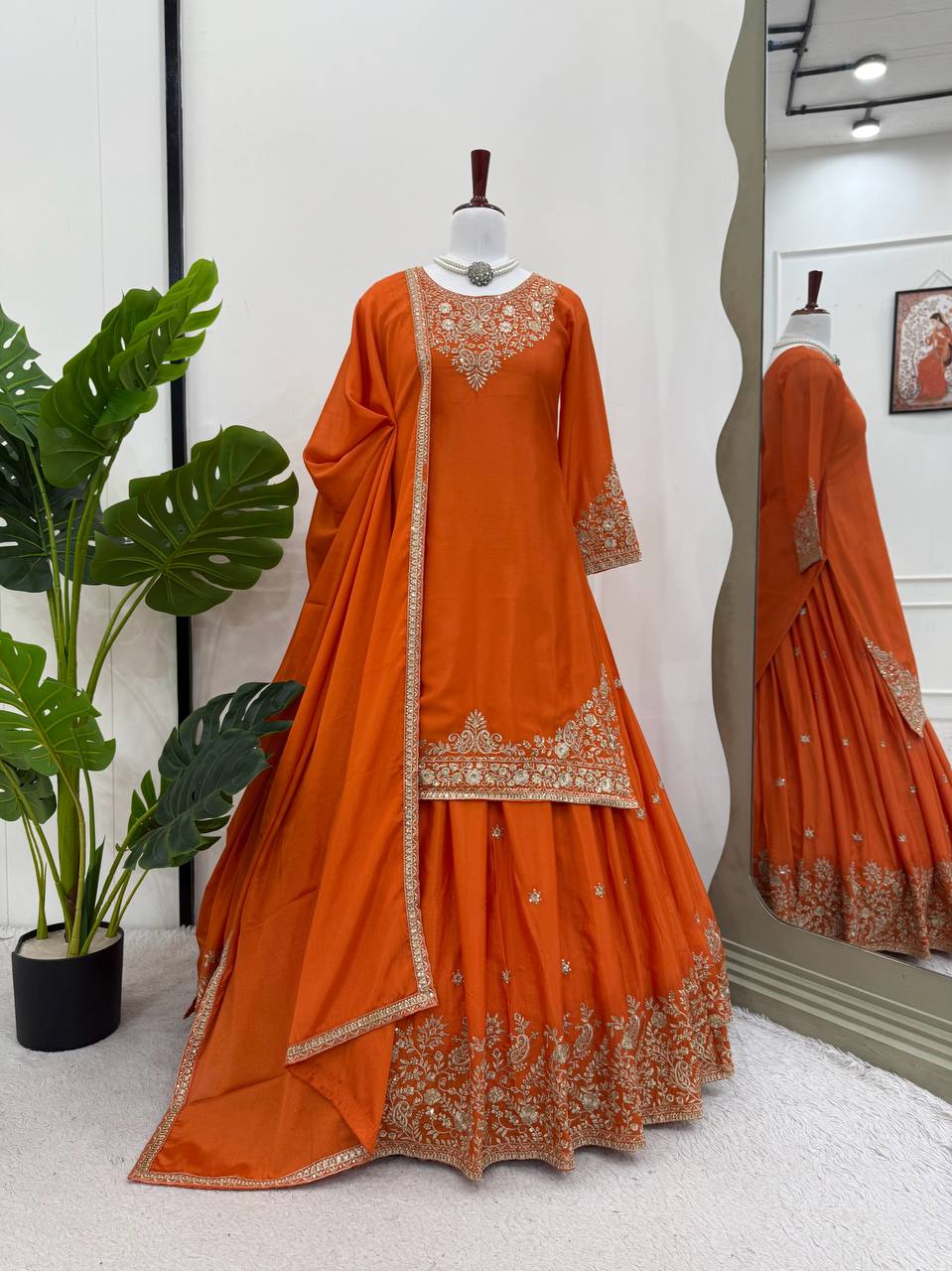 Orange Chinon Silk Lehenga Set with Sequin Work & Lace Border Dupatta  Full-Stitched Traditional Wear