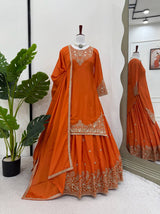 Orange Chinon Silk Lehenga Set with Sequin Work & Lace Border Dupatta  Full-Stitched Traditional Wear