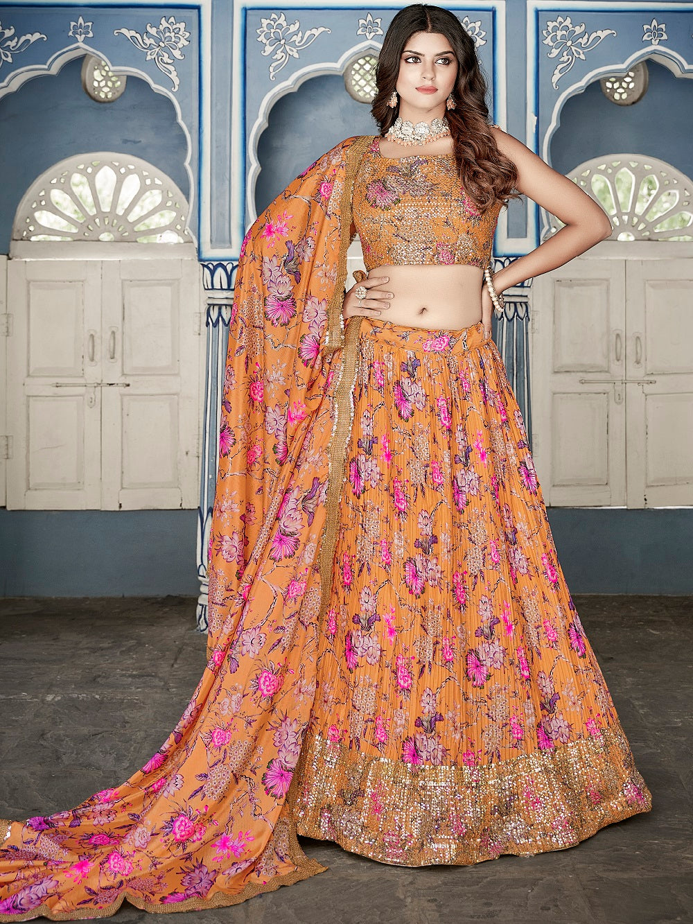 Orange Color Digital Print With Sequins Embroidery Work Crushed Chinon Lehenga Choli