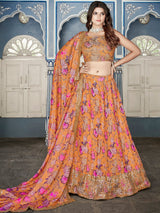 Orange Color Digital Print With Sequins Embroidery Work Crushed Chinon Lehenga Choli