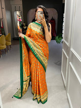 Orange Color Foil Printed And Stone Work Dola Silk Saree