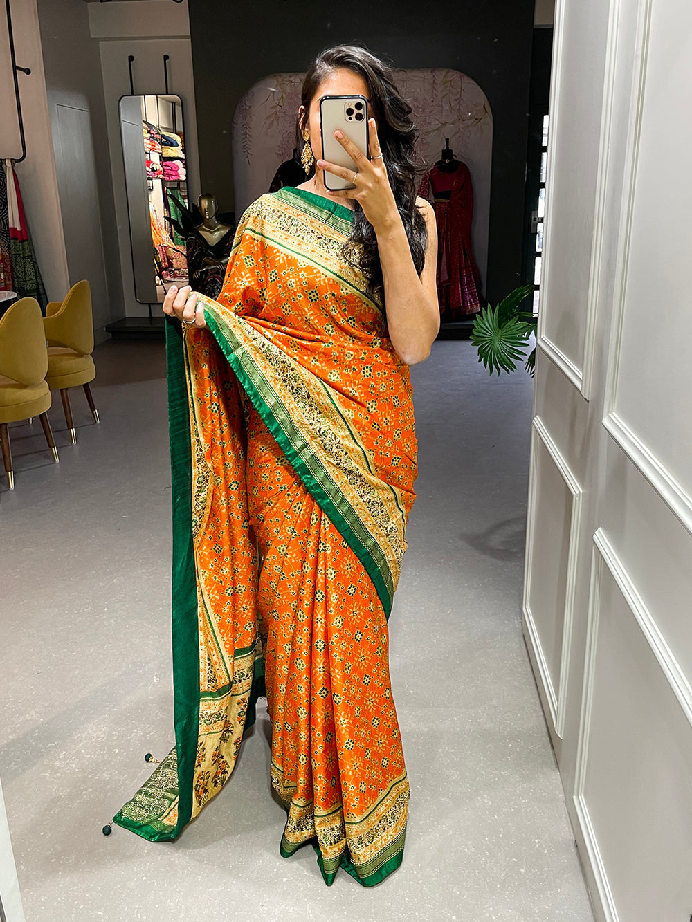 Orange Color Foil Printed And Stone Work Dola Silk Saree