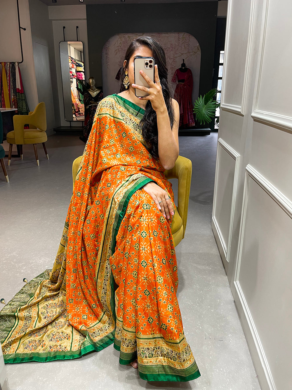 Orange Color Foil Printed And Stone Work Dola Silk Saree
