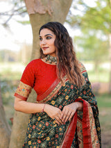 Green Color Foil Printed And Stone Work Dola Silk Saree