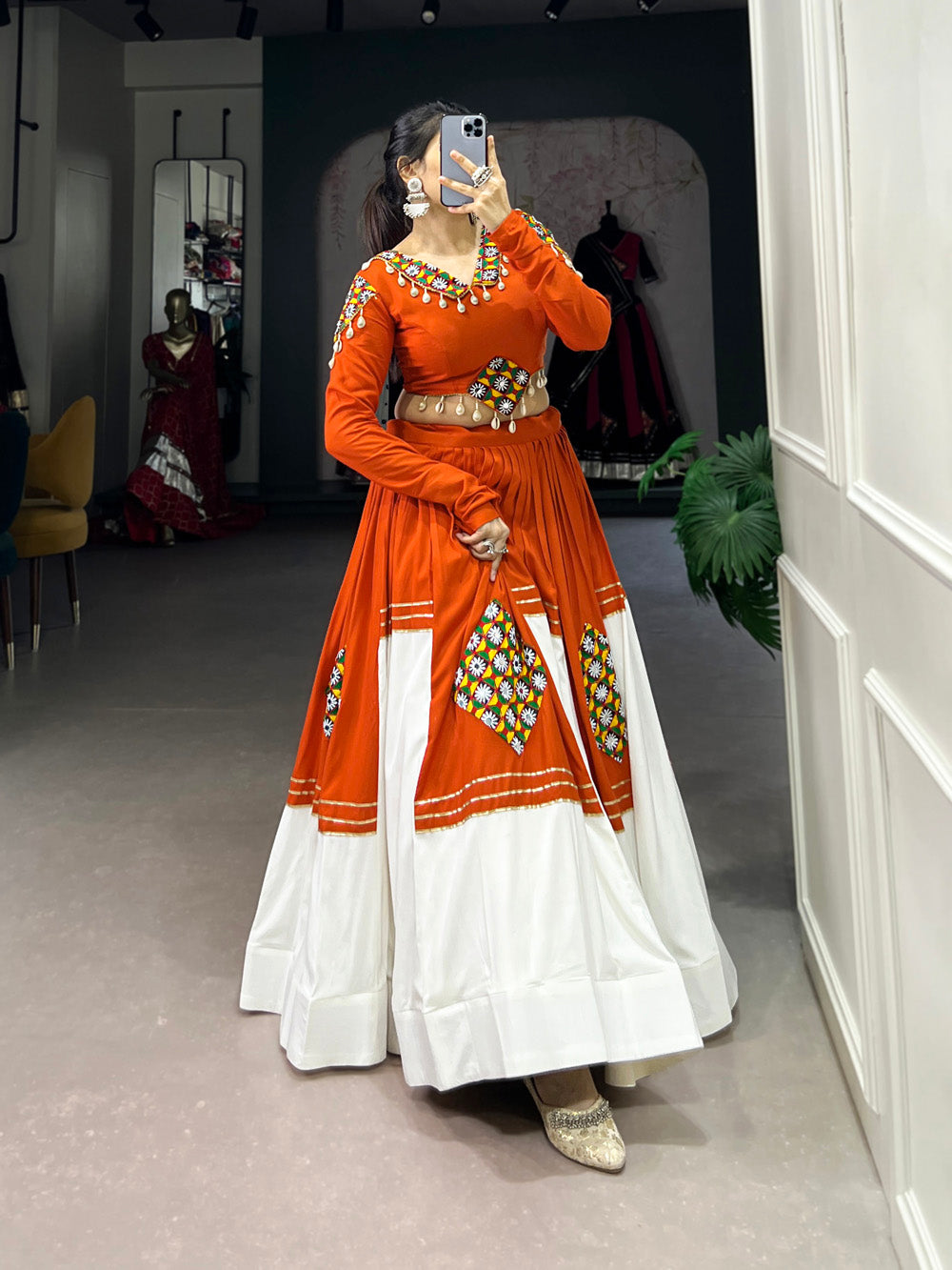 Orange color gamthi work with gotta patti lace design lehenga choli