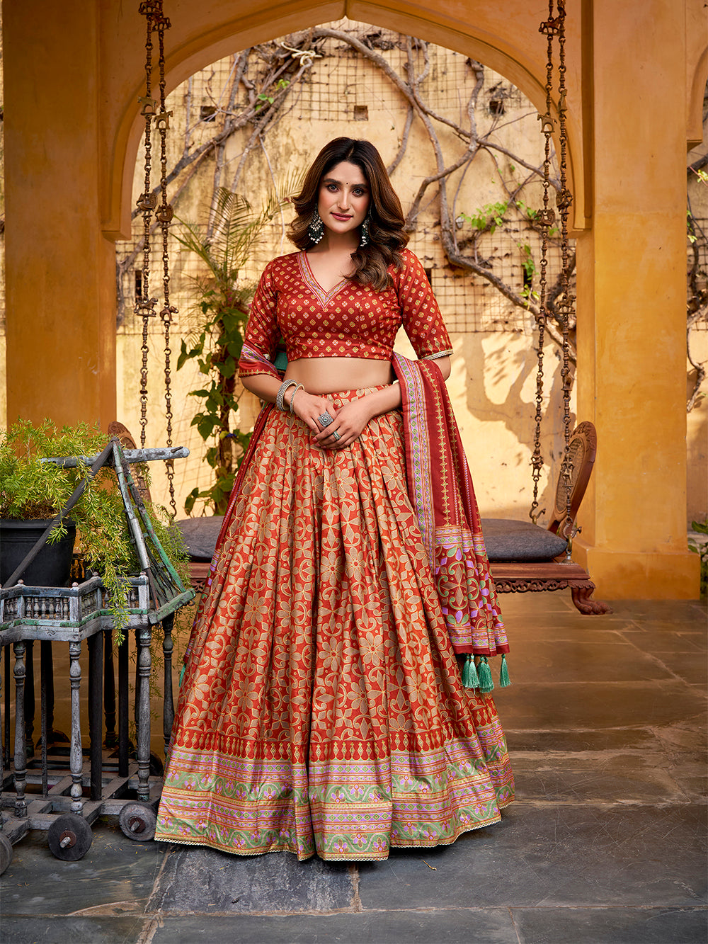 Rust orange color tasar silk lehenga