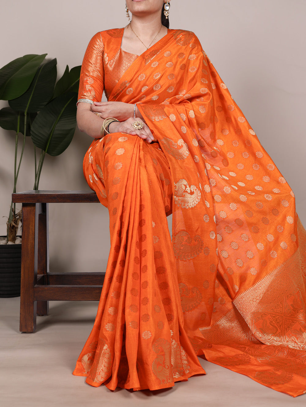 Orange roop silk saree with zari weaving unstitched blouse with lace