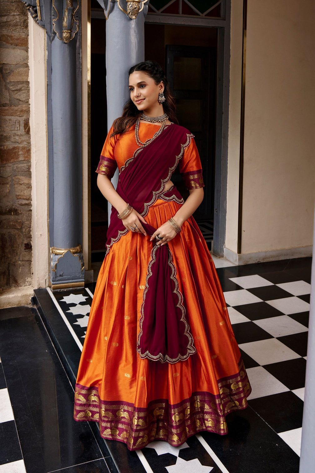 Orange Cotton Silk Lehenga Choli