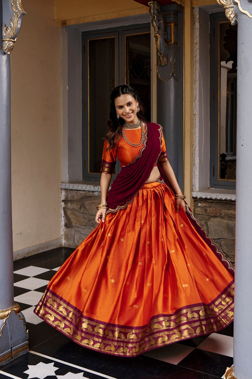 Orange Cotton Silk Lehenga Choli