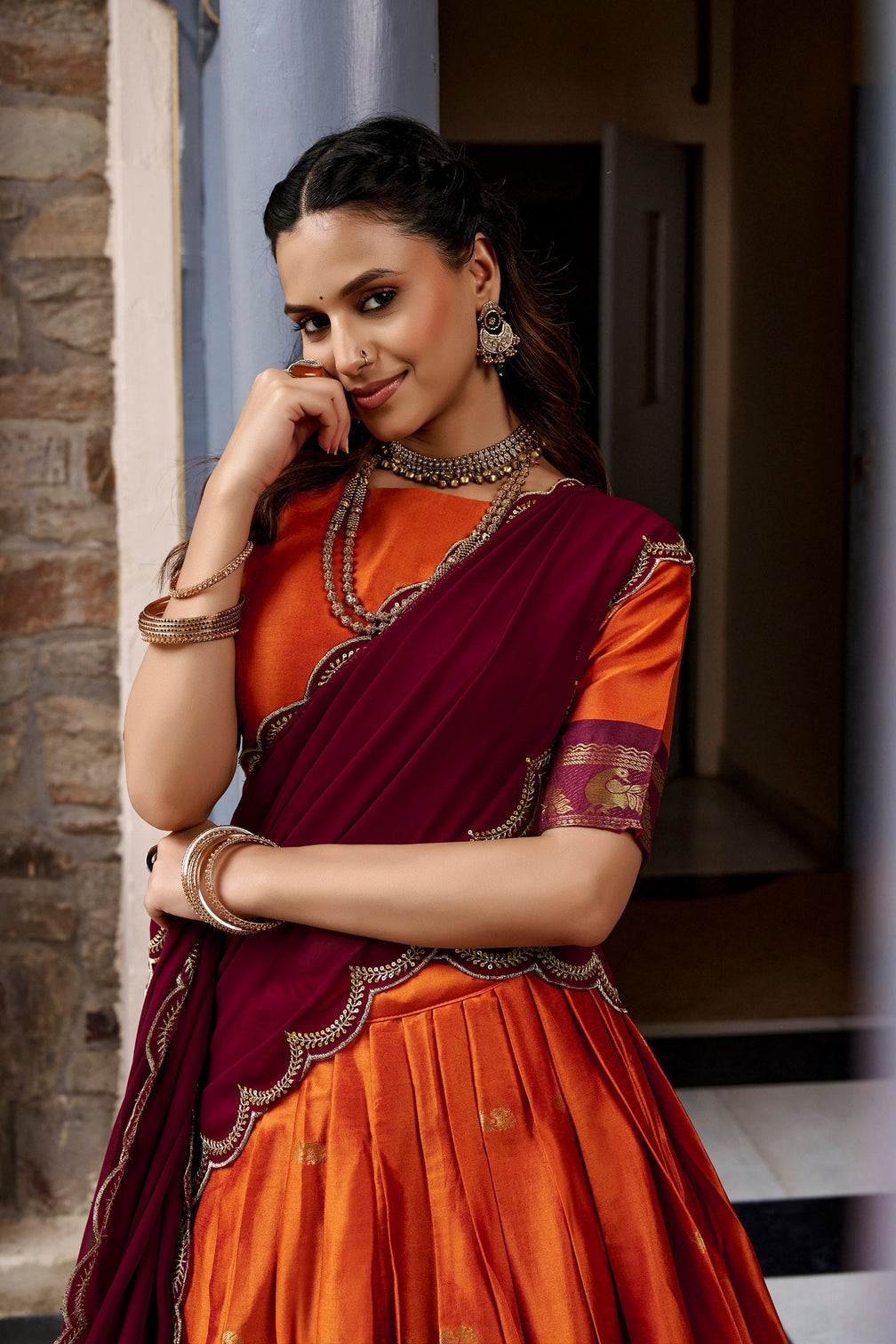 Orange Cotton Silk Lehenga Choli
