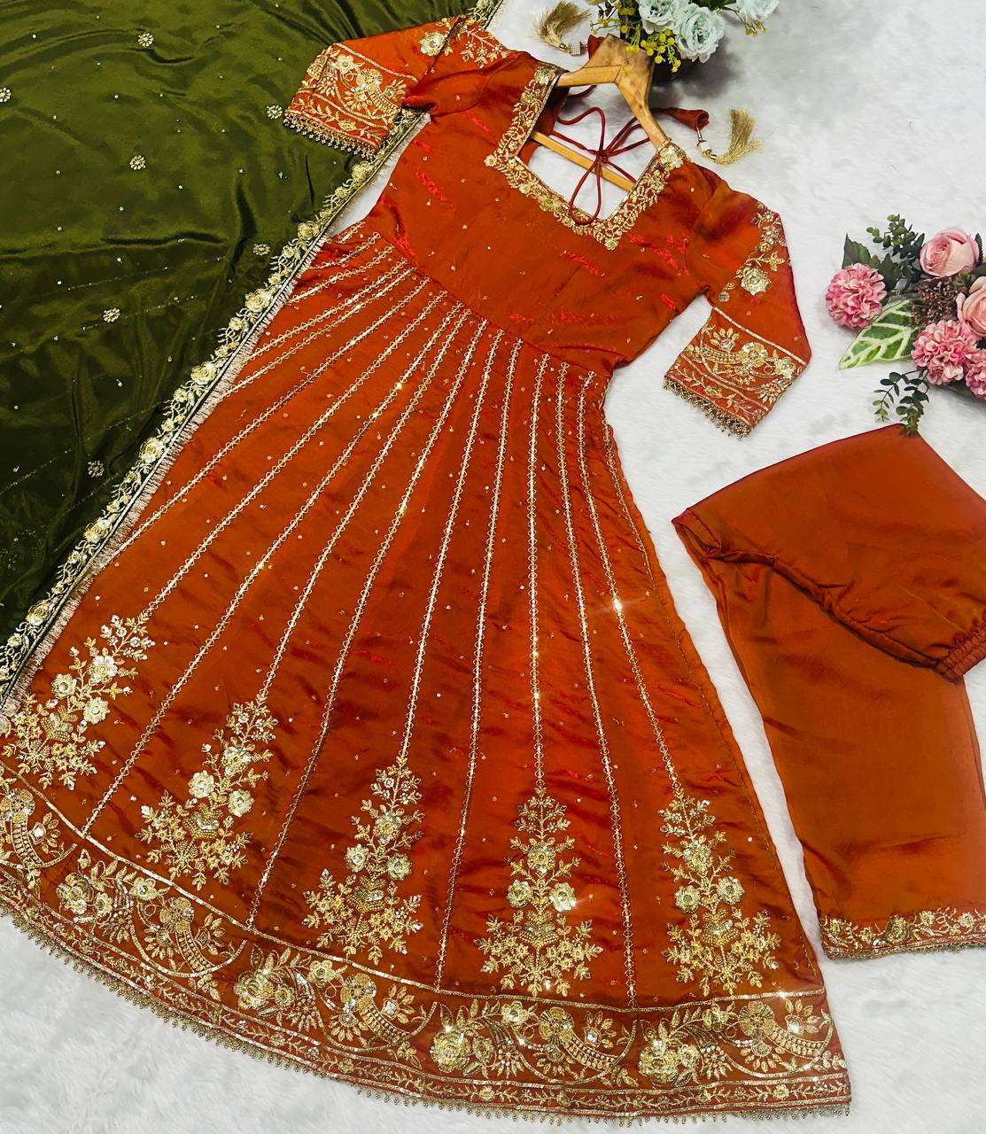 Orange Designer Fandy Satin Embroidered Anarkali Gown Set with Zari & 3 mm Sequins, Dhudhri Lace Detailing, Matching Pant & Silk Dupatta