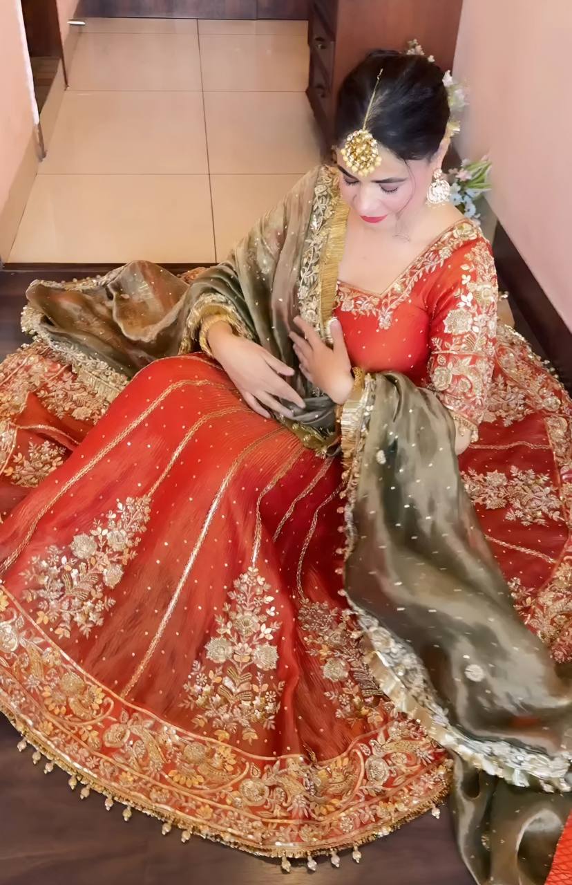 Orange Designer Fandy Satin Embroidered Anarkali Gown Set with Zari & 3 mm Sequins, Dhudhri Lace Detailing, Matching Pant & Silk Dupatta