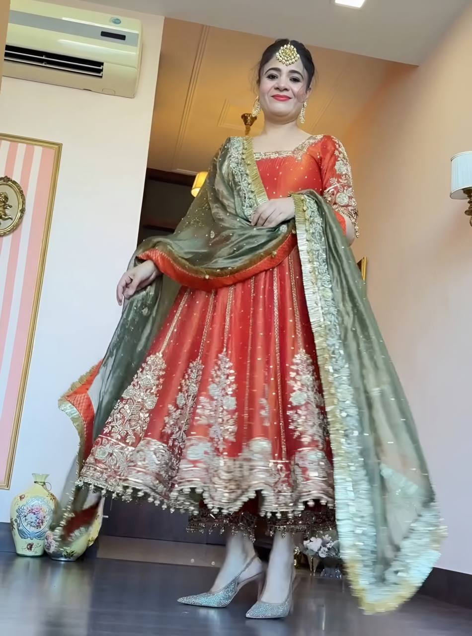 Orange Designer Fandy Satin Embroidered Anarkali Gown Set with Zari & 3 mm Sequins, Dhudhri Lace Detailing, Matching Pant & Silk Dupatta