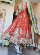 Orange Designer Fandy Satin Embroidered Anarkali Gown Set with Zari & 3 mm Sequins, Dhudhri Lace Detailing, Matching Pant & Silk Dupatta