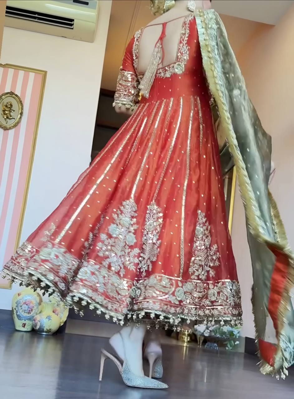 Orange Designer Fandy Satin Embroidered Anarkali Gown Set with Zari & 3 mm Sequins, Dhudhri Lace Detailing, Matching Pant & Silk Dupatta