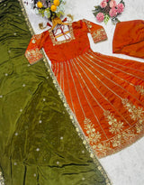 Orange Designer Fandy Satin Embroidered Anarkali Gown Set with Zari & 3 mm Sequins, Dhudhri Lace Detailing, Matching Pant & Silk Dupatta