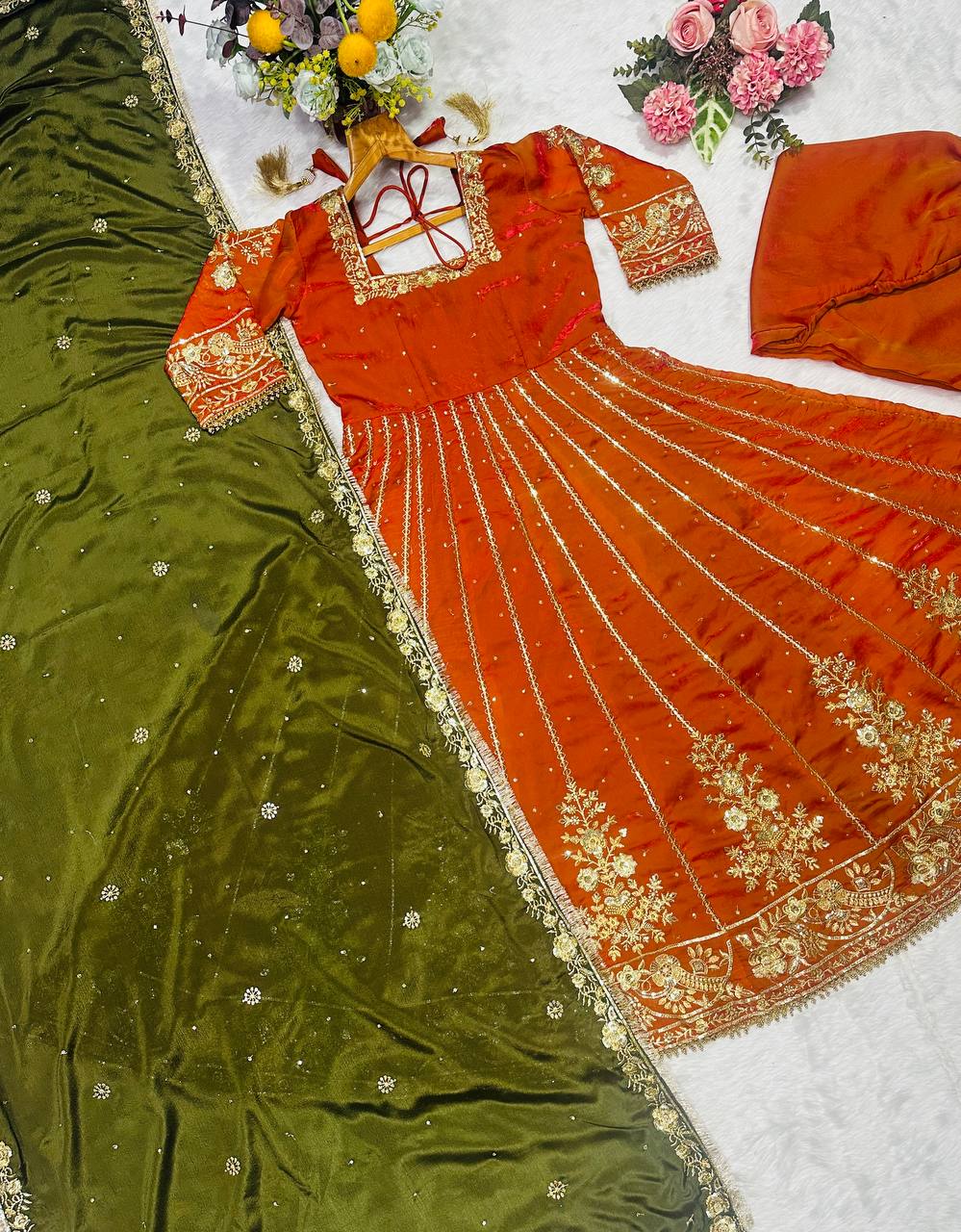 Orange Designer Fandy Satin Embroidered Anarkali Gown Set with Zari & 3 mm Sequins, Dhudhri Lace Detailing, Matching Pant & Silk Dupatta