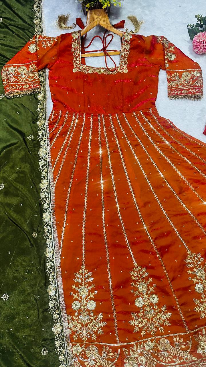 Orange Designer Fandy Satin Embroidered Anarkali Gown Set with Zari & 3 mm Sequins, Dhudhri Lace Detailing, Matching Pant & Silk Dupatta