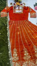 Orange Designer Fandy Satin Embroidered Anarkali Gown Set with Zari & 3 mm Sequins, Dhudhri Lace Detailing, Matching Pant & Silk Dupatta