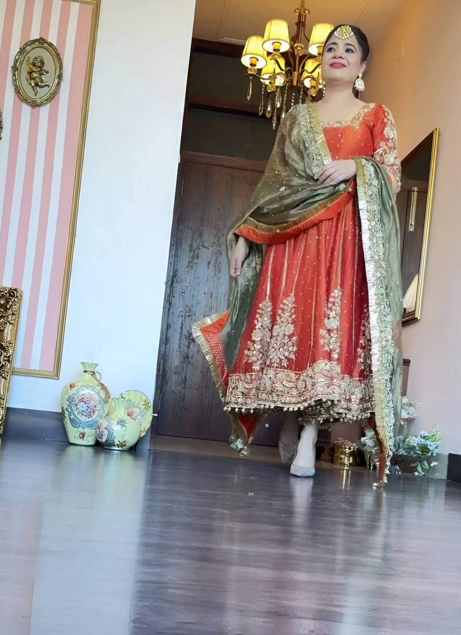 Orange Designer Fandy Satin Embroidered Anarkali Gown Set with Zari & 3 mm Sequins, Dhudhri Lace Detailing, Matching Pant & Silk Dupatta