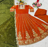 Orange Designer Fandy Satin Embroidered Anarkali Gown Set with Zari & 3 mm Sequins, Dhudhri Lace Detailing, Matching Pant & Silk Dupatta