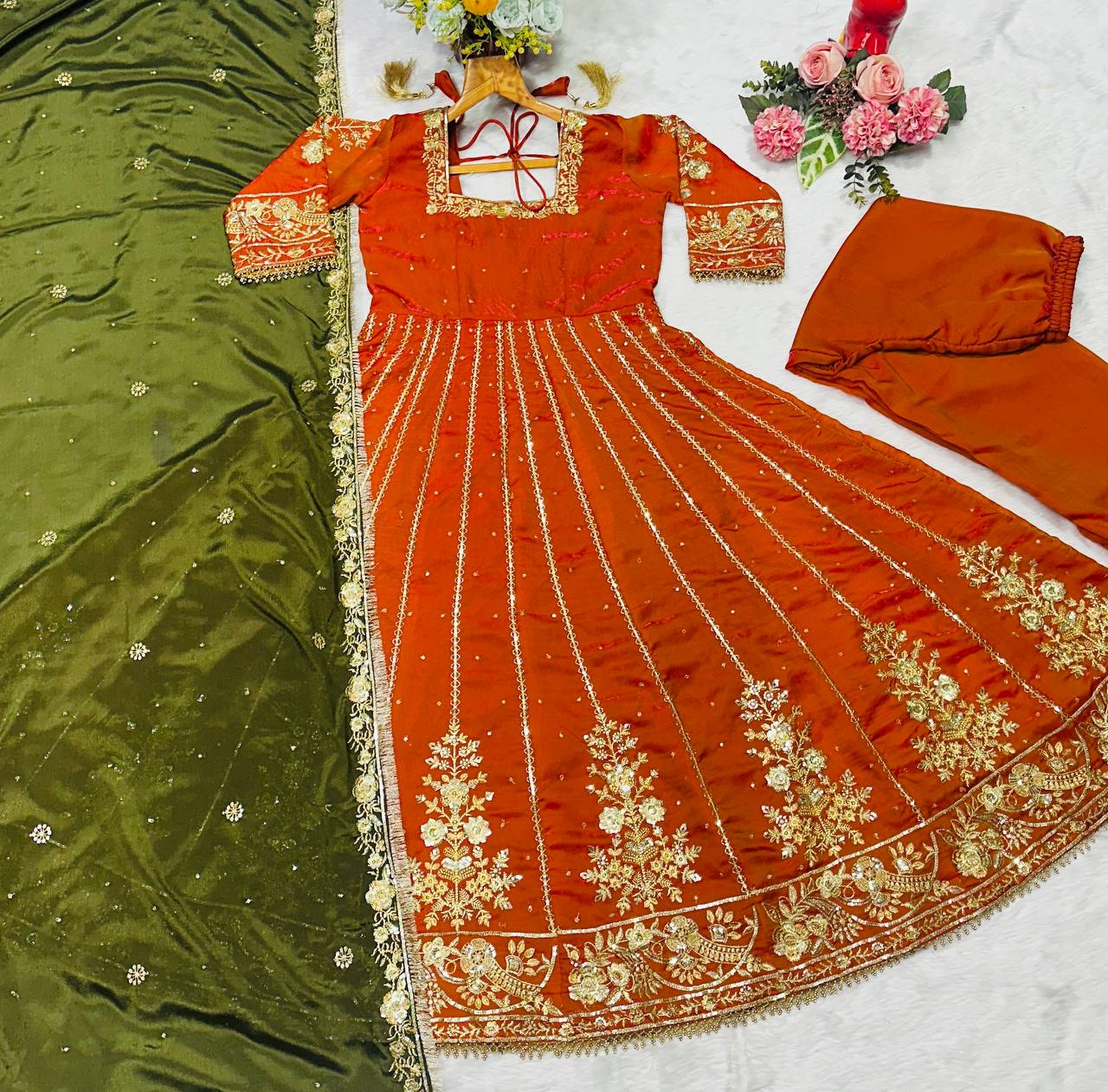 Orange Designer Fandy Satin Embroidered Anarkali Gown Set with Zari & 3 mm Sequins, Dhudhri Lace Detailing, Matching Pant & Silk Dupatta