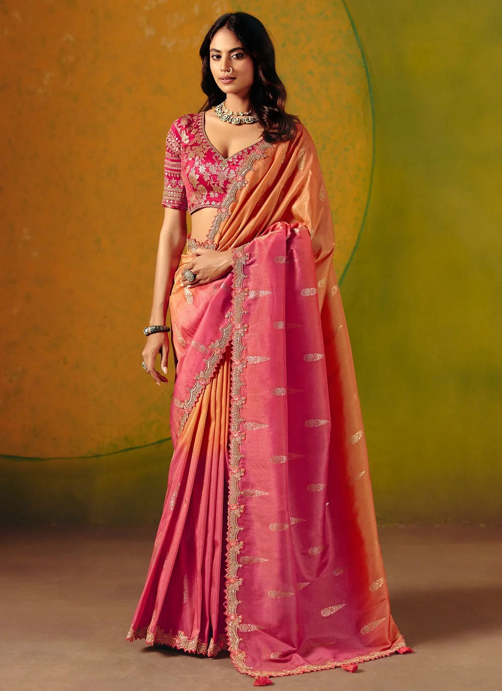 Orange designer wedding saree in smooth zari silk with ready blouse