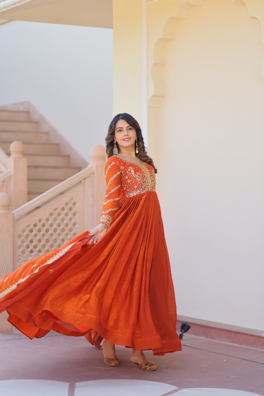 Orange Elegant Fendy Fabric Embroidered Gown with Dupatta Set